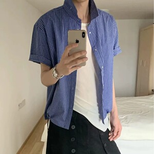 [006]蓝色格纹衬衫男下摆抽绳短宽翻领衬衣A079-C405-P35图片