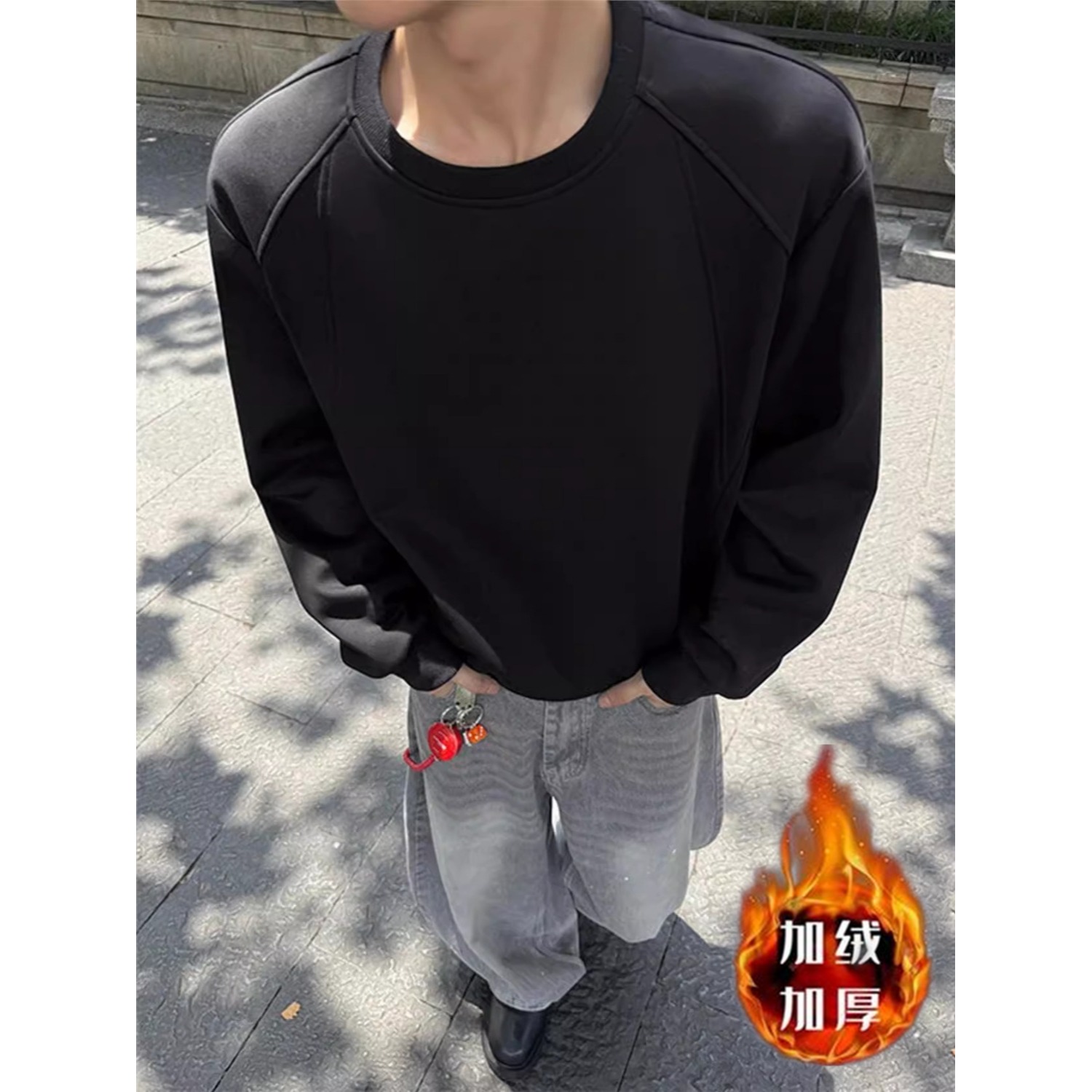 【079】5大码加绒上衣秋冬季宽松圆领打底衫A079-RT48-P38-42，男装T恤，电商A079