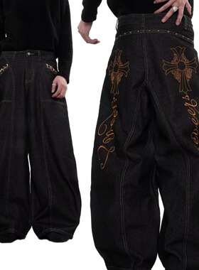[008]黑色男女同款阔腿直筒刺绣纹理牛仔裤A079-NG61-P49