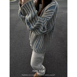 【网116】拼色竖条纹圆领针织衫男女宽松冬季A079-BX038-P45图片