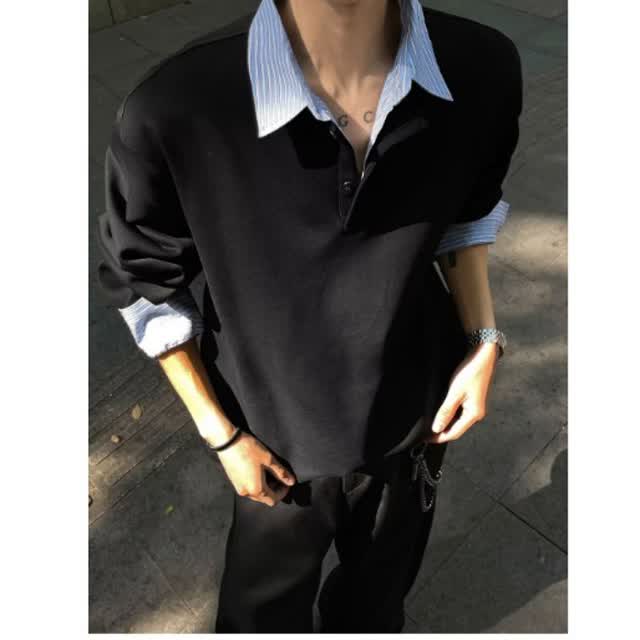 【51】5假两件格纹拼接衬衫领长袖T恤男款A079-C13加绒--P49,男装T恤,电商A079