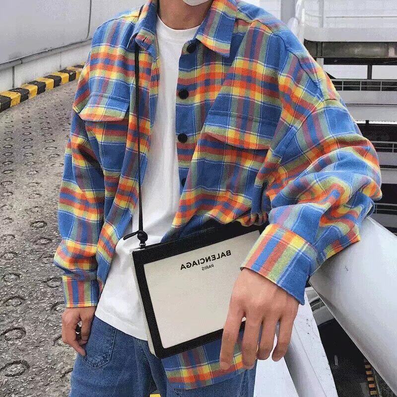 【网59】彩虹格子衬衫男长袖宽松A079-C76-P30，男装衬衫，电商A079