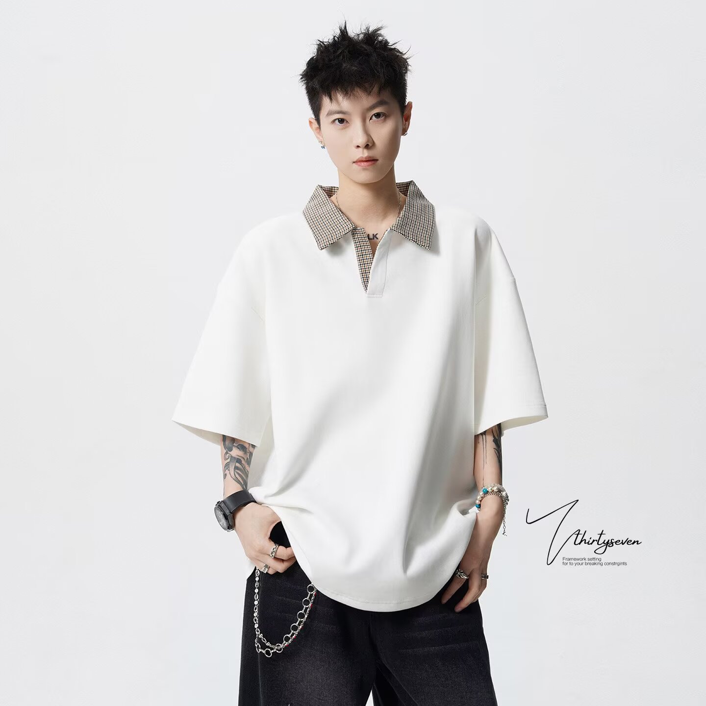[012]假两件高质格纹翻领POLO衫男宽松上衣潮流A079-S243-P30,男装Polo衫,电商A079