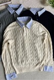 【网5】绞花假两件拼接条纹polo领毛衣男A079-MY407-P57，男装针织衫/毛衣，电商A079