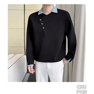 【网59】25假两件撞色拼接衬衫领长袖T恤男款A079-D640-P43图片