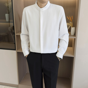 [006]长袖衬衫男士休闲立领衬衣免烫抗皱暗钮上衣A079-C11-P35,蓝色毛衣白色裤子男搭配图片