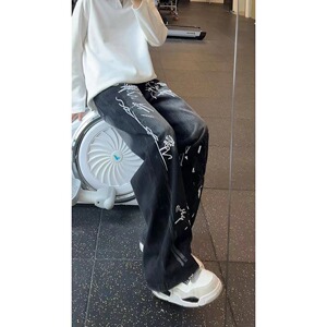 【251】涂鸦印花牛仔裤男阔腿宽松嘻哈阔腿长裤A079-K99111-P46图片