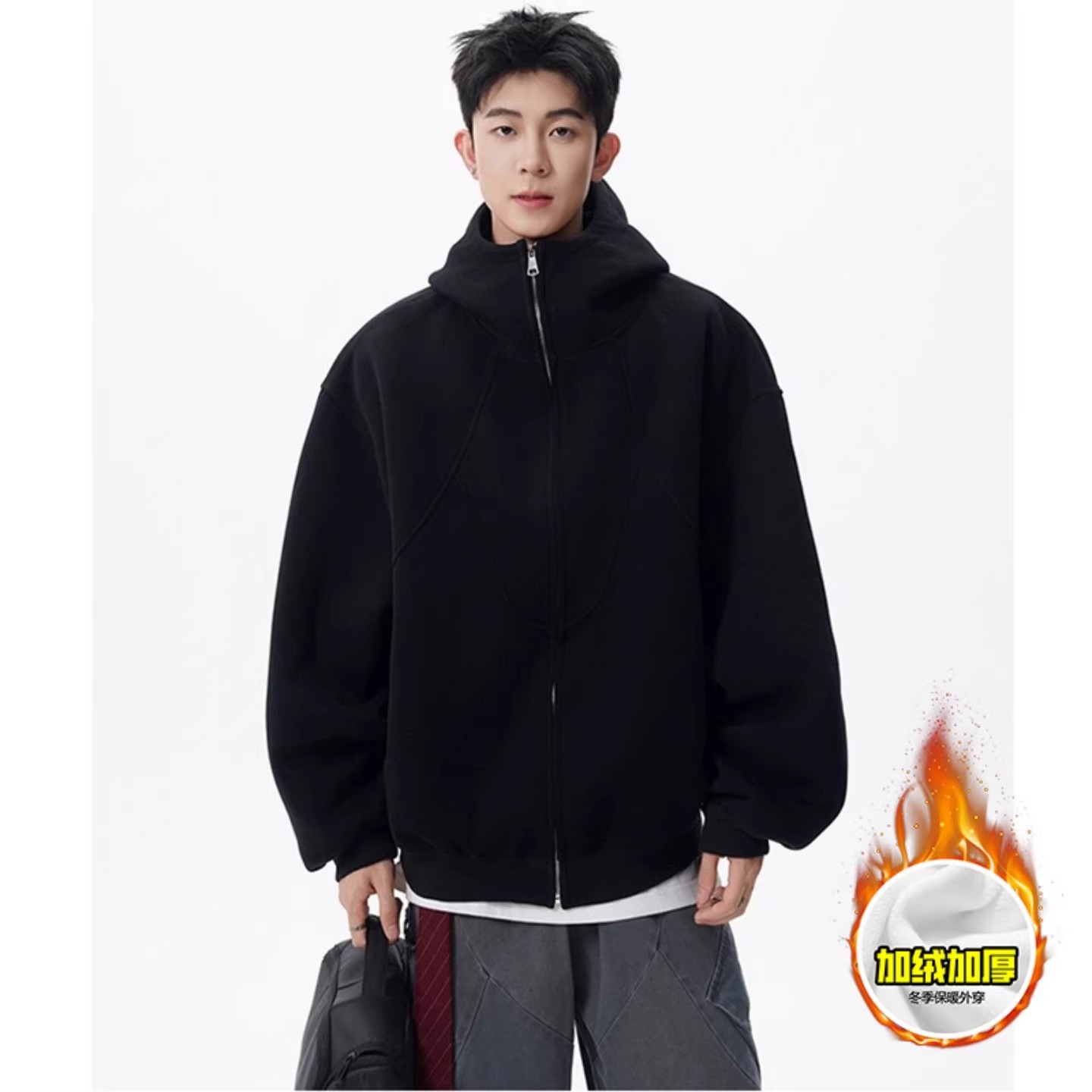 【001】5加绒硬挺boxy开衫卫衣男秋冬情侣外套A079-W821-P54，女装短外套，电商A079