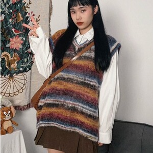 【网59】25条纹无袖针织衫马甲男女V领毛衣背心A079-789-P45