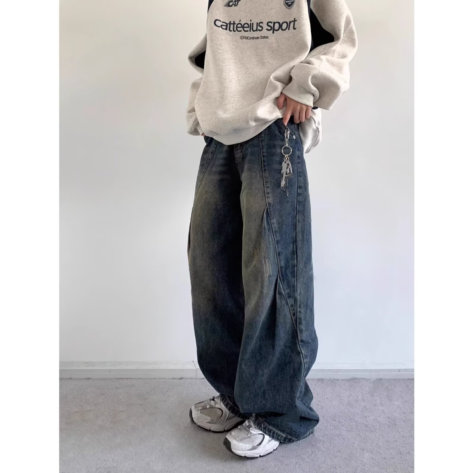 [008]弯刀牛仔裤男女美式解构阔腿宽松直筒休闲长裤A079-3053-P45,男装牛仔裤,电商A079