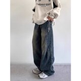 [008]弯刀牛仔裤男女美式解构阔腿宽松直筒休闲长裤A079-3053-P45，男装牛仔裤，电商A079