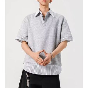 [003]假两件条纹polo领短袖t恤女宽松休闲百搭上衣A079-D902-P37图片