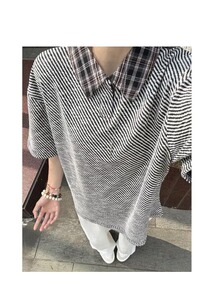 [003]格纹撞色衬衫领短袖T恤男情侣宽松百搭新款A079-D913-P38图片