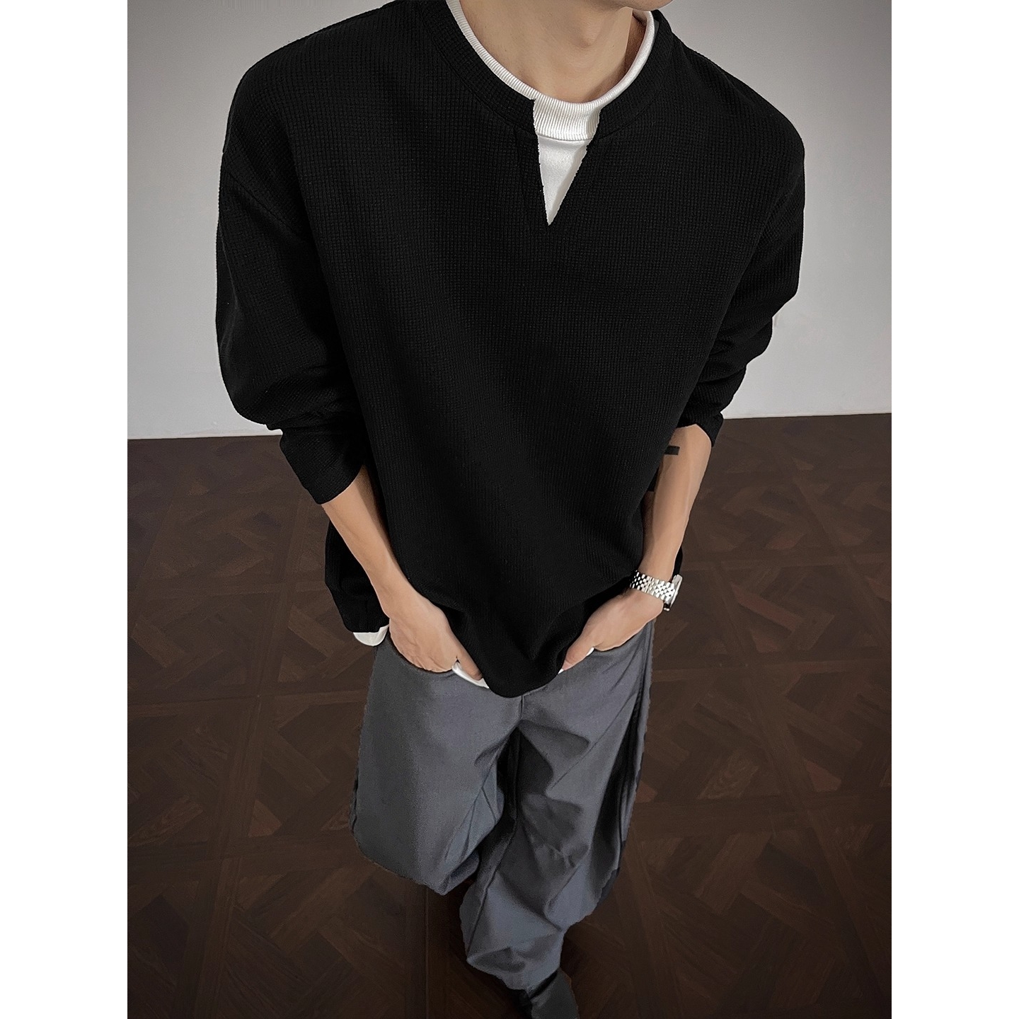 【网97】1宽松百搭青少年休闲V领打底衫A079-WT61-P29，男装T恤，电商A079