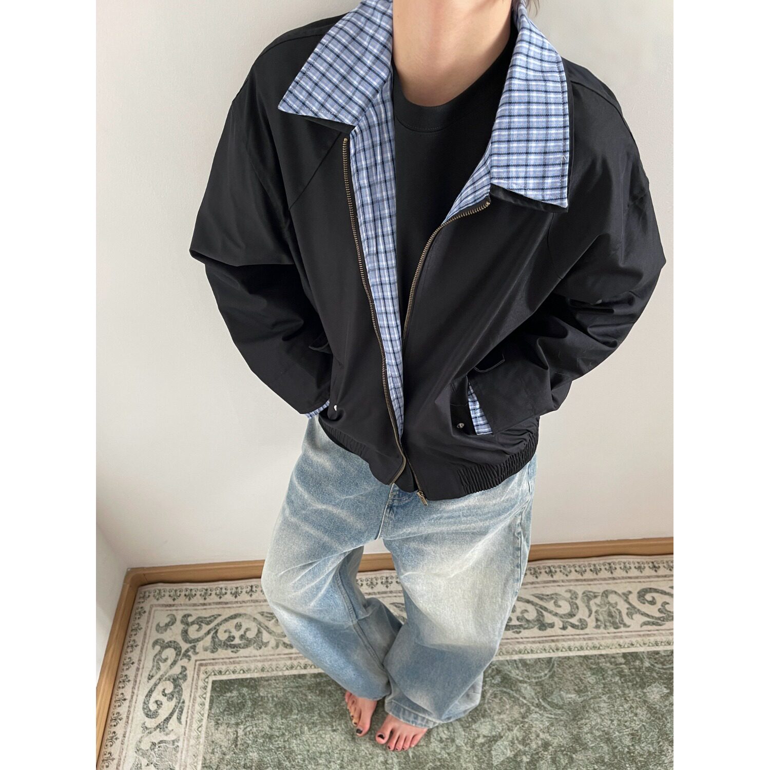 【网77】拼接翻领格纹假两件哈灵顿夹克外套男女A079-TK56-P51，男装夹克，电商A079