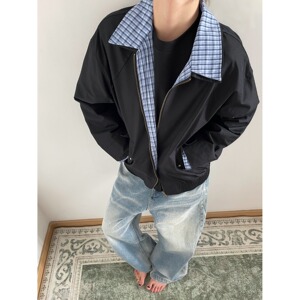 【网77】拼接翻领格纹假两件哈灵顿夹克外套男女A079-TK56-P51,男装夹克,电商A079