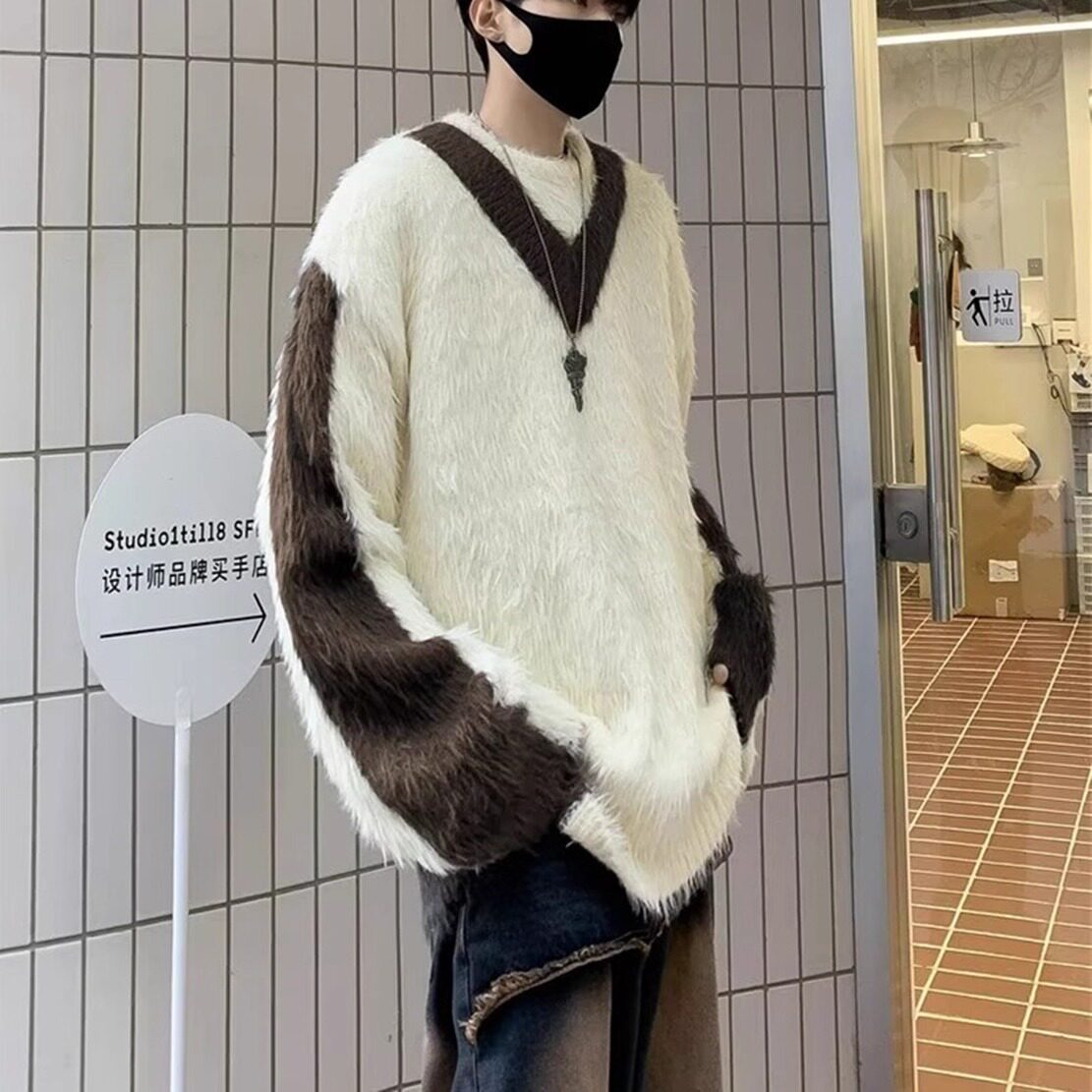 【7】5毛衣男女高级假两件毛衫慵懒风长毛上衣A079-MY9158-P53,男装针织衫/毛衣,电商A079