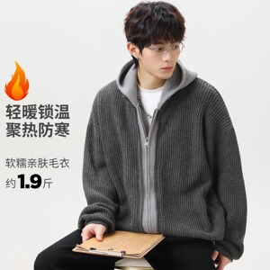 【002】连帽毛衣外套假两件宽松新款男士开衫针织衫A079-Y71-P73图片