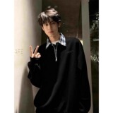 [004]撞色拼接假两件卫衣男半拉链上衣衬衫领polo衫A079-W19-P42，男装衬衫，电商A079