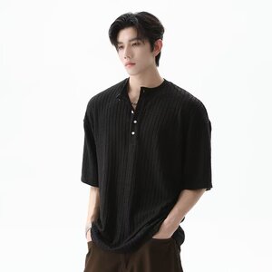 [003]亨利领短袖T恤男女秋肌理感条纹上衣A079-S230-P35图片