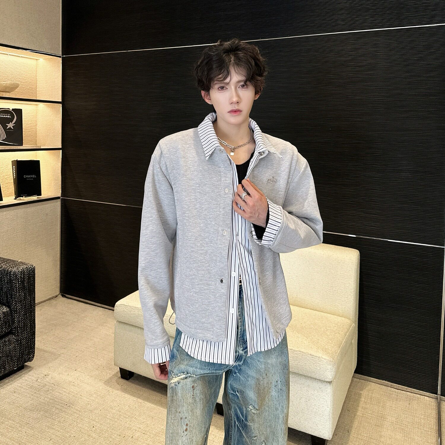 【7】5假两件条纹拼接衬衫卫衣男款翻领A079-WY735-P52,男装衬衫,电商A079