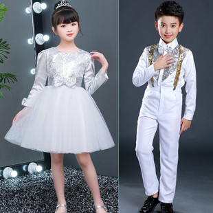 儿童公主连衣裙小学生合唱服亮片演出服装女童红色蓬蓬纱裙中国风