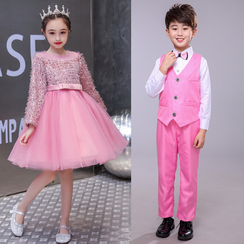 粉红色儿童合唱服装男女童长袖口才演讲比赛舞蹈朗诵大合唱礼服新