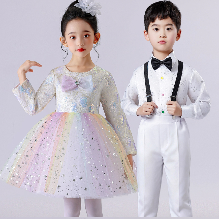 男女童长袖蝴蝶结演出礼服
