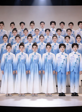 儿童大合唱演出服中国风女童飘逸舞蹈服女新款少儿表演服装天蓝色