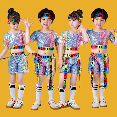 儿童啦啦队演出服彩虹色亮片爵士舞蹈服幼儿园大班毕业典礼服装