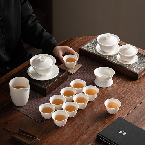 羊脂玉中国白功夫茶具套组茶碗三行盖碗配10杯礼盒套组