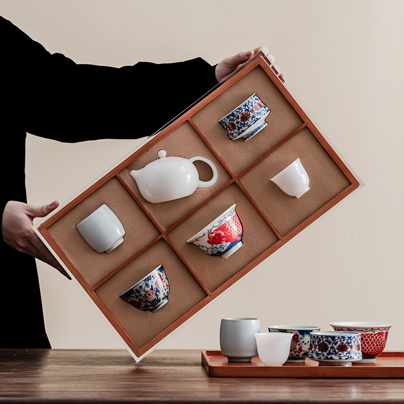 羊脂玉茶具冰种主人杯汝窑品茗杯压手杯功夫茶具带茶盘收纳礼盒装,餐饮具,整套茶具,淘宝优惠券,粉丝福利购,淘宝优惠卷