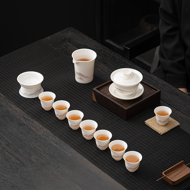 苏氏陶瓷 羊脂玉瓷江山茶具套装三才盖碗8杯功夫茶具套组
