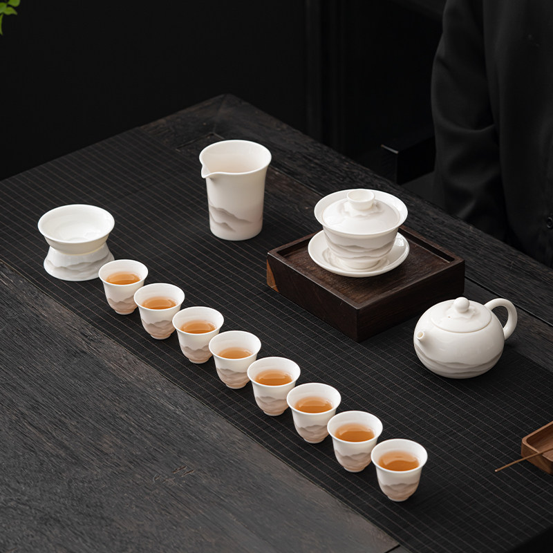 苏氏陶瓷羊脂玉瓷江山茶具三才盖碗茶壶壶8杯功夫茶具大套装
