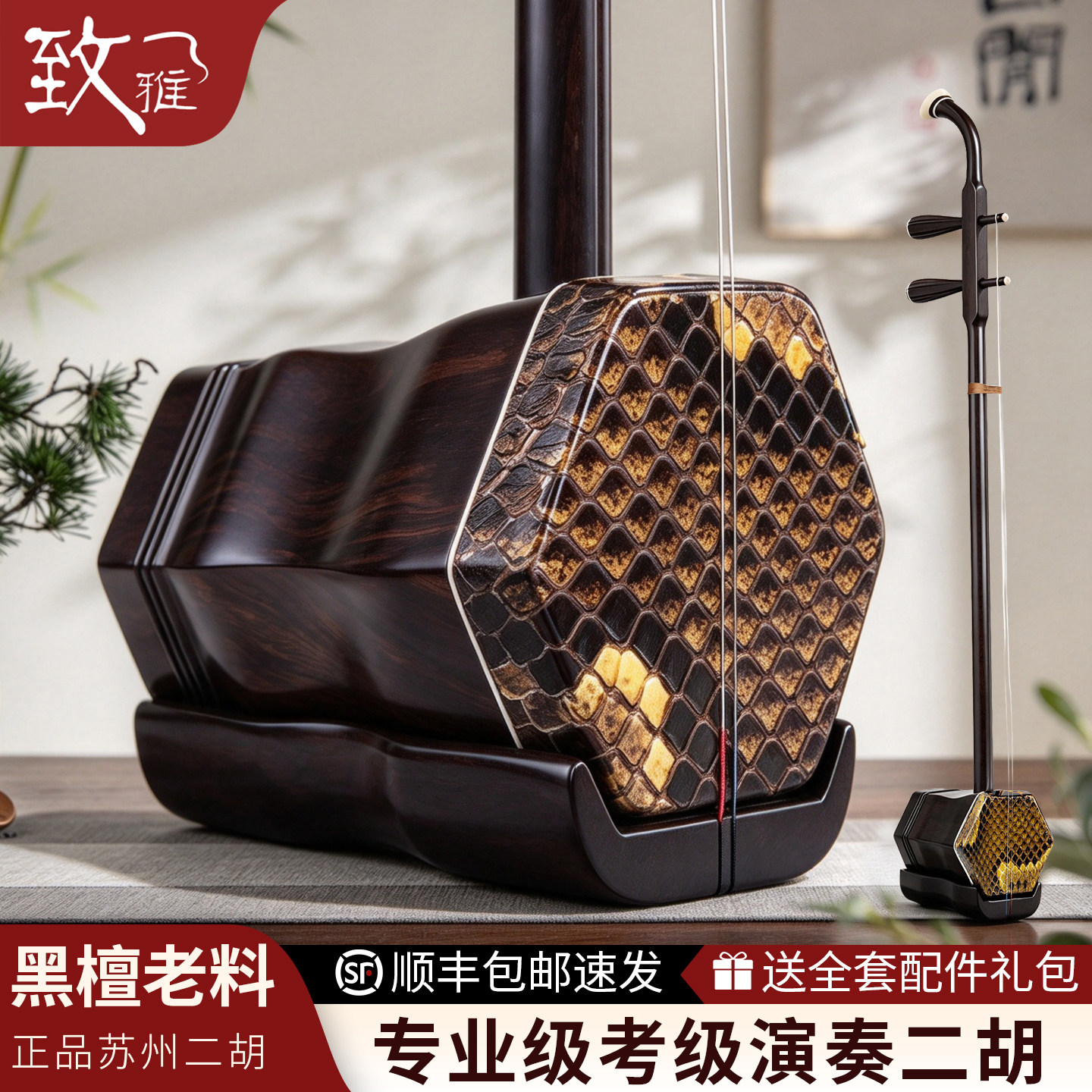 致雅一级黑檀二胡乐器苏州正品厂家直销初学者入门考级专业级演奏
