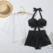 汐姿澜泳衣女三件套分体裙式 比基尼D F大胸钢托性感显瘦游泳衣