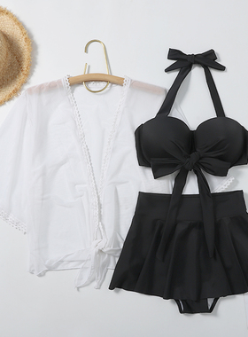 汐姿澜泳衣女三件套分体裙式比基尼D/E/F大胸钢托性感显瘦游泳衣