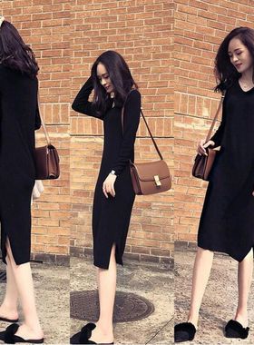 CVC棉黑色V领长袖连衣裙女秋冬新款百搭打底裙百搭过膝开叉中长裙