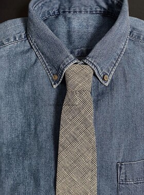 英式亚麻学院欧美复古灰白色小方格料手工棕色glencheck领带