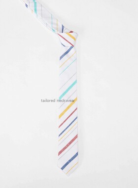 英伦男女欧美韩版窄款棉麻麻布手工彩色白底条纹领带5厘米