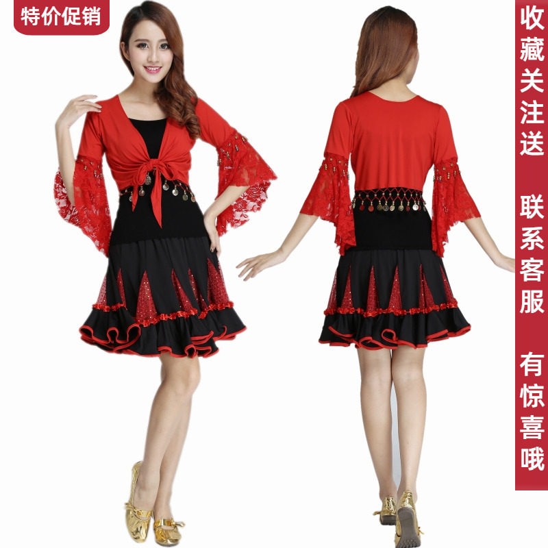 广场舞服装新款套装跳舞蹈七分袖演出服舞衣女大摆裙披肩裙子套装