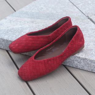 法式编织平跟鞋软皮软底红色平底浅口方头单鞋2025秋新款磨砂羊皮