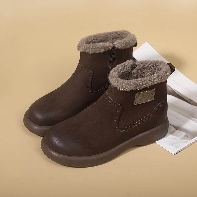 2025冬软底不累脚女靴真皮厚底棉靴冬加绒平跟短靴圆头休闲马丁靴