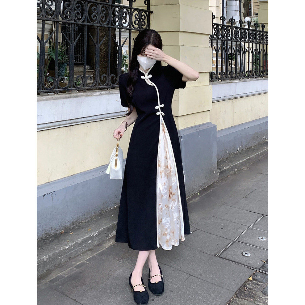thumbnail for 230 pounds extra large size new Chinese retro skirt national style disc buckle dress summer 300 fat mm slimming daily cheongsam