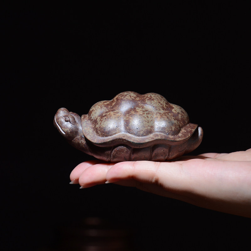 吉羊 龙窑柴烧紫砂茶具纯手工茶宠摆件 宜兴雕塑 鲨皮青 玄龟