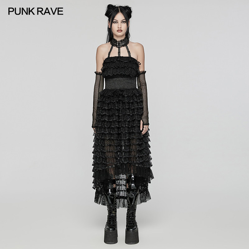 PUNKRAVE哥特风暗黑系挂脖连衣裙甜系朋克抹胸长裙性感露肩蓬蓬裙