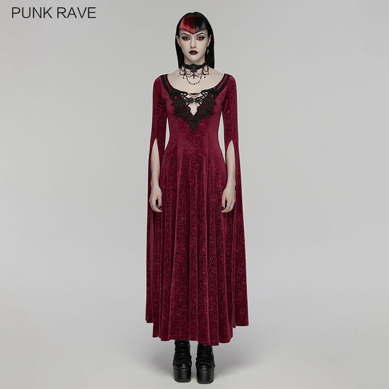 哥特风弹力玫瑰丝绒连衣裙