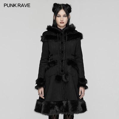 PUNKRAVE朋克黑色皮草毛呢大衣