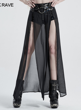 PUNKRAVE朋克风黑色网纱拼接假两件半身裙女飘逸性感开叉中长裙子