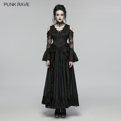 哥特风蕾丝提花长袖露肩连衣裙